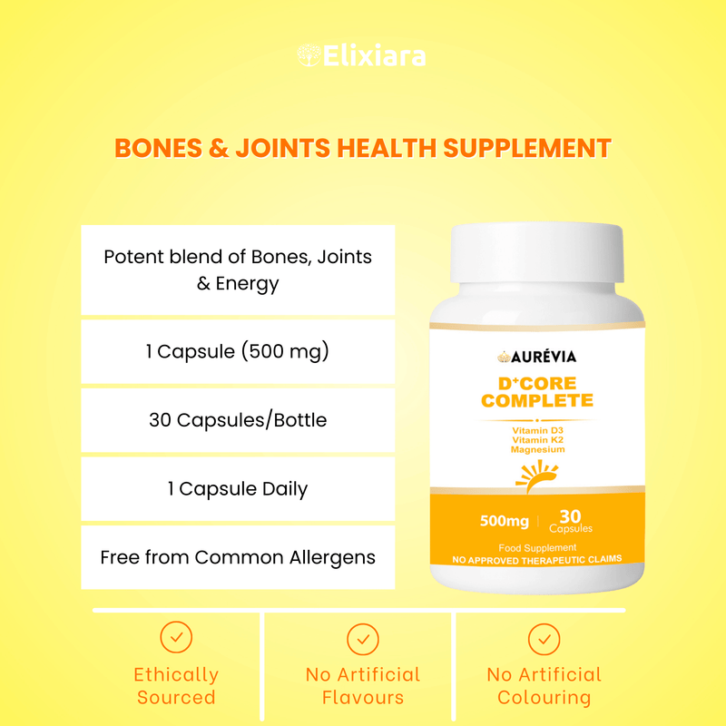 D+ Core Complete advanced supplement with Vitamin D3, K2, Magnesium, Zinc, B6, MCT, and Ox Bile for complete heart, bone, and energy health