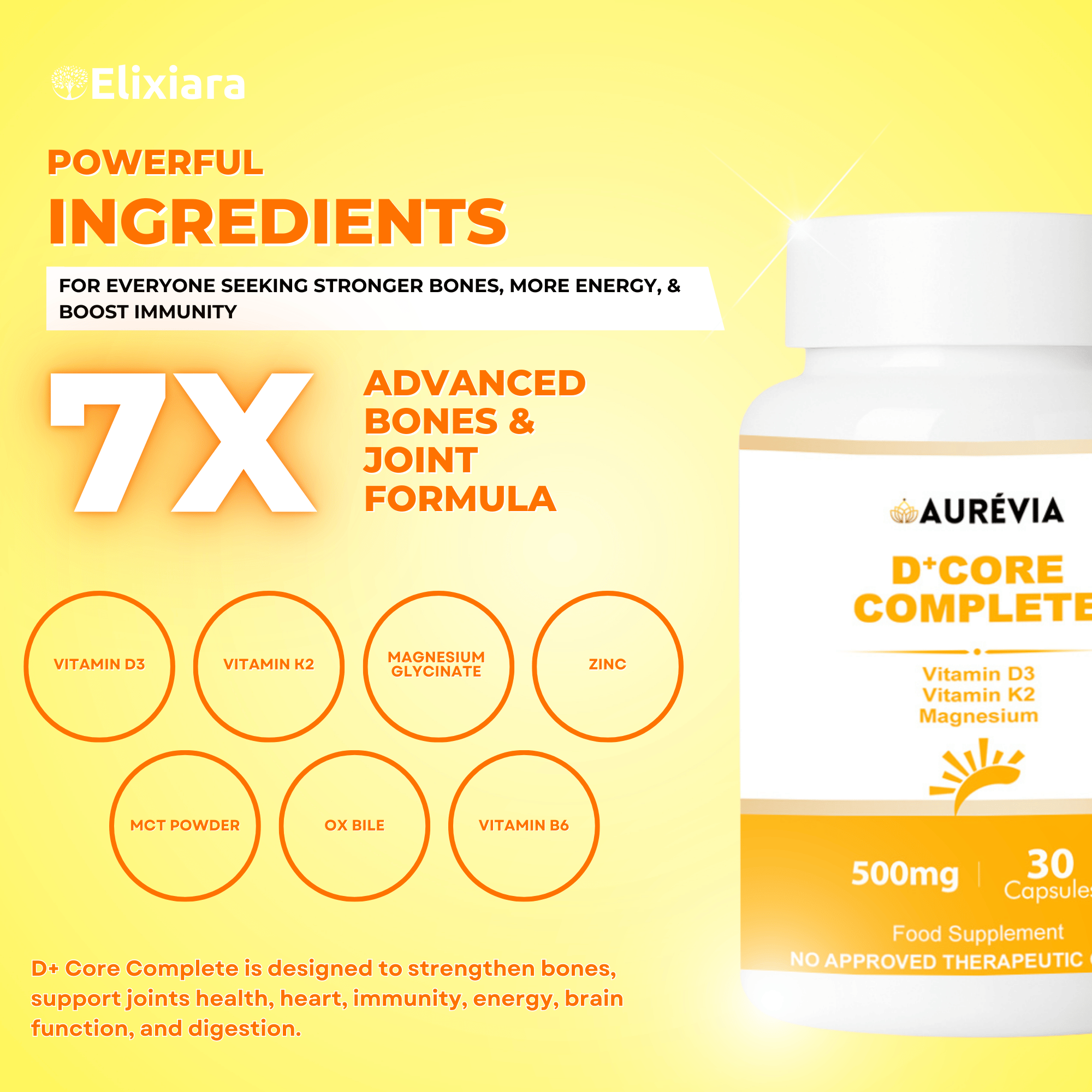 D+ Core Complete ingredients – Vitamin D3, K2, Magnesium Glycinate, Zinc, Vitamin B6, MCT Powder, Ox Bile