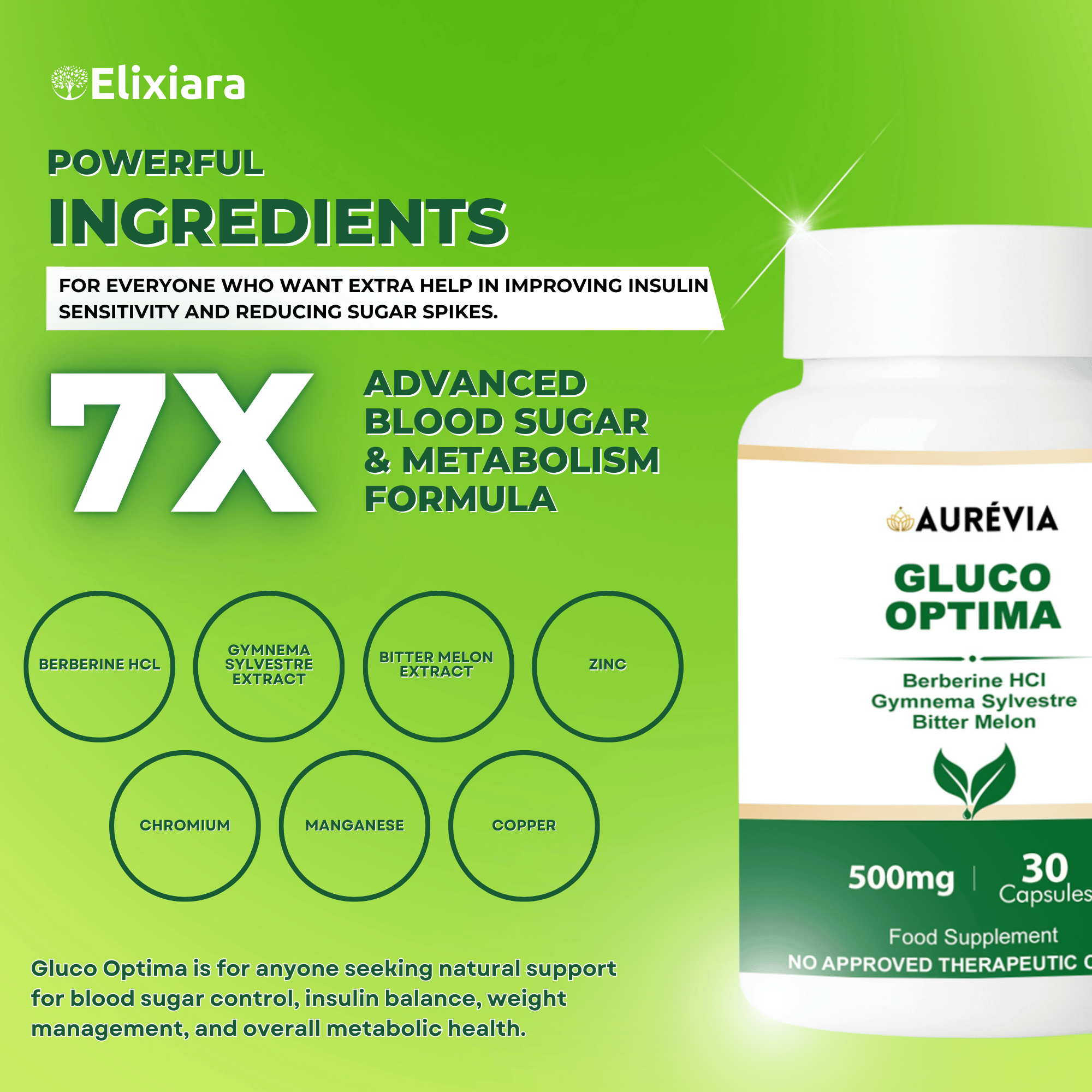 Gluco Optima ingredients – Berberine, Gymnema Sylvestre, Bitter Melon, Chromium, Zinc, Manganese, Copper