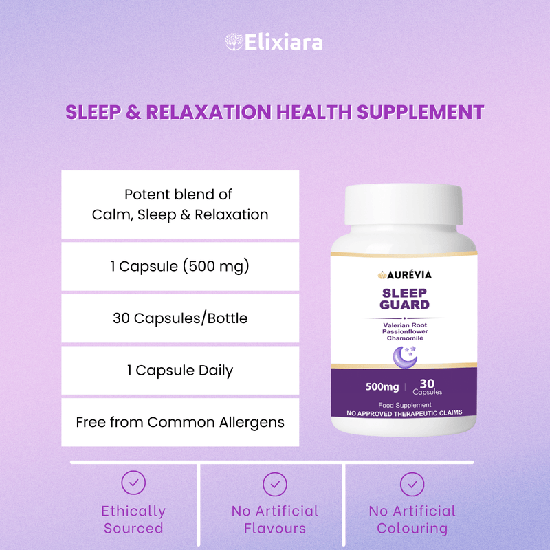 Sleep Guard natural sleep supplement description – promotes restful sleep, stress relief, and relaxation